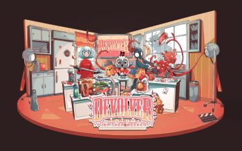 2boys 2girls absurdres alien apron baby_animal beans bird blue_hair box bullet_kin cabinet can canned_food cardboard_box carles_dalmau carrion_(game) character_doll character_request chicken closed_mouth cooking_pot copyright_request cult_of_the_lamb doll enter_the_gungeon gris gris_(character) highres holding holding_sword holding_weapon hotline_miami inscryption katana katana_zero kitchen lamb leshy looking_at_viewer loop_hero mask monster multiple_boys multiple_girls my_friend_pedro open_mouth plate red_crown_(cult_of_the_lamb) red_eyes refrigerator sheep smile spoon steam_(platform) stool stuffed_toy sweat sword the_lamb_(cult_of_the_lamb) weapon white_fur window