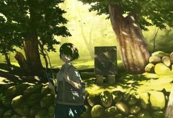 1girl bag black_hair black_skirt book closed_mouth collared_shirt commentary_request dappled_sunlight forest from_side gensuke_(ryun) green_theme highres holding holding_book looking_at_viewer looking_to_the_side nature neck_ribbon original pleated_skirt ribbon rock scenery school_uniform serafuku shirt short_hair shoulder_bag skirt smile solo summer summer_uniform sunlight tree white_shirt wing_collar