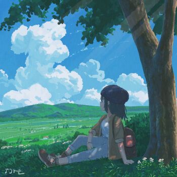 1girl black_hair blue_hat blue_pants blue_sky brown_jacket brown_shoes closed_mouth cloud commentary cumulonimbus_cloud english_commentary hat highres jacket looking_up medium_hair mountain on_grass original outdoors pants profile red_bag rural shirt shirt_tucked_in shoes sitting sky smile solo tree und2 under_tree white_shirt