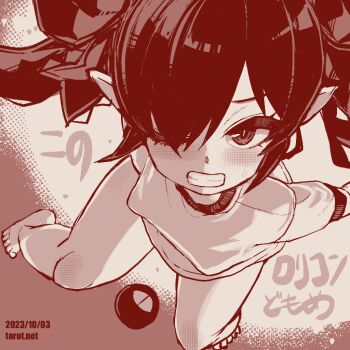 1girl backbeako_(torotei) backbeard bare_legs barefoot blush breasts clenched_teeth commentary dated dated_commentary feet female_focus from_above gegege_no_kitarou gym_shirt hair_over_one_eye hair_ribbon kono_lolicon_domome loli long_hair looking_at_viewer looking_up monochrome one_eye_closed original paid_reward_available pointy_ears ribbon shirt short_sleeves simple_background small_breasts solo sweatdrop teeth toes torotei translated twintails watermark web_address