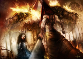 1boy 1girl alessa_gillespie apron dress great_knife hat helmet long_hair monster muscular pyramid_head silent_hill silent_hill_(movie) silent_hill_(series) sweetcrescent sword weapon