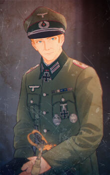 1boy badge black_hat blonde_hair blue_eyes breast_pocket buttons closed_mouth collared_jacket commentary commentary_request contrast_collar cross english_commentary green_hat green_jacket grey_background hat highres iron_cross jacket long_sleeves looking_at_viewer male_focus mature_male military military_dress_uniform military_hat military_uniform mixed-language_commentary multicolored_hat nose original peaked_cap pocket reichsadler ribbon_bar scratches short_hair shoulder_boards solo upper_body very_short_hair wehrmacht wintergewitter world_war_ii