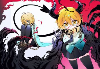 1girl ahoge black_claws black_halo black_hands black_horns black_necktie black_skirt black_thighhighs blonde_hair blood blood_on_clothes blood_on_face broken broken_chain chain chinese_commentary claws collar collared_shirt colored_extremities commentary_request covered_mouth cuffs cuffs-to-collar don_quixote_(project_moon) e.g.o_(project_moon) gold_chain gold_collar hair_between_eyes halftone halo highres horns hugging_own_legs index_(identity)_(project_moon) knees_up limbus_company looking_at_viewer metal_collar miniskirt multiple_views nana_nana_bot necktie oversized_forearms oversized_limbs pleated_skirt procuration_(e.g.o) project_moon shackles shirt shoes short_hair sitting skirt slit_pupils tail thighhighs white_shirt yellow_eyes zettai_ryouiki