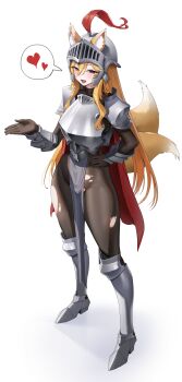 Rule 34 | 1girl, :d, absurdres, animal ear fluff, animal ears, armor, armored boots, blonde hair, bodystocking, boots, breastplate, brown gloves, commentary, commission, covered groin, ears through headwear, english commentary, fox ears, fox girl, fox tail, full body, gloves, goback, hair between eyes, hand up, heart, helmet, highres, kitsune, knee boots, long hair, open mouth, original, pauldrons, pelvic curtain, plume, red eyes, shadow, shoulder armor, simple background, smile, solo, spoken heart, standing, tail, torn bodystocking, torn clothes, very long hair, white background
