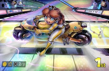 Rule 34 | 1girl, akira (manga), ass, block (object), blue eyes, bodysuit, brown hair, crown, earrings, female focus, finish line, flag, flower earrings, gloves, grin, jewelry, looking at viewer, mario (series), mario kart, motor vehicle, motorcycle, nintendo, open mouth, parody, princess daisy, race, racetrack, rainbow, rainbow road, smile, smoke, solo, super mario bros. 1, super mario land, toad (mario), tomboy, yoshiunity
