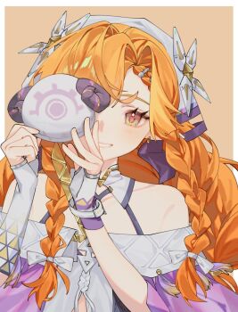 asymmetrical_gloves bare_shoulders bow bracelet braid commentary_request covering_one_eye curtained_hair detached_collar earrings furaiebi gloves gold_earrings green_eyes hair_bow hair_over_shoulder hands_up hat highres holding jacket jewelry long_hair looking_at_viewer orange_hair pointy_ears sidelocks sigrika_(wuthering_waves) smile twin_braids white_bow white_gloves white_hat white_jacket wuthering_waves