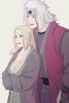 1boy 1girl blonde_hair breasts buchimake007 commentary_request facial_mark grey_kimono highres japanese_clothes jiraiya_(naruto) kimono large_breasts mature_female mature_male naruto_(series) tsunade_(naruto) white_hair