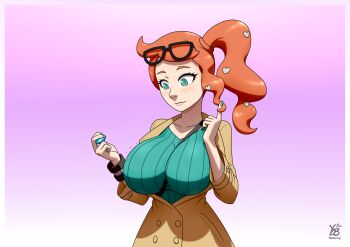 1girl absurdres aqua_eyes between_breasts blush breasts female_focus glasses heart highres large_breasts long_hair nail_polish nintendo orange_hair pokemon pokemon_swsh side_ponytail solo sonia_(pokemon) ydbunny