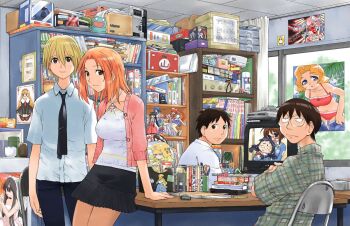 Rule 34 | 1girl, 3boys, absurdly detailed composition, akiyama tokino, black skirt, blonde hair, brown eyes, brown hair, cardigan, clubroom, enomoto chihiro, figure, genshiken, green shirt, halterneck, kamishakujii renko, kasukabe saki, kio shimoku, kousaka makoto, kujibiki unbalance, loaded interior, madarame harunobu, merchandise, messy room, miniskirt, multiple boys, necktie, otaku, otaku room, pink cardigan, plaid clothes, plaid shirt, pleated skirt, poster (object), red hair, ritsuko kubel kettenkrad, sasahara kanji, shirt, skirt, tank top, toy packaging, white shirt, white tank top