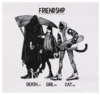 1other 2girls baseball_cap boots cat_girl cloak commentary_request death_(entity) english_text full_body furry furry_female grey_background greyscale grim_reaper hat holding holding_scythe holding_skateboard hood hood_up jacket letterman_jacket monochrome multiple_girls nagabe original scythe shoes simple_background skateboard skeleton sneakers tail walking