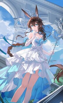 1girl absurdres amiya_(ambience_synesthesia_2025)_(arknights) amiya_(arknights) animal_ears arknights bare_shoulders blue_butterfly blue_eyes blue_sky braid brown_hair bug butterfly chenmu_sora closed_mouth cloud cloudy_sky commentary crown dress elbow_gloves floating_hair gloves hair_between_eyes hand_up highres holding holding_staff insect long_hair looking_at_viewer official_alternate_costume rabbit_ears rabbit_girl sky smile solo staff white_dress white_gloves