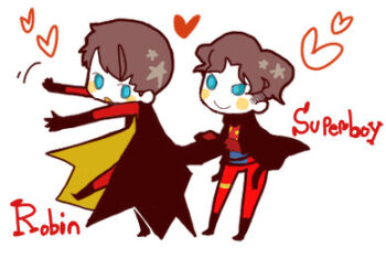 2boys belt blue_eyes bodysuit cape character_name chibi dc_comics gloves heart jacket kon-el lowres male_focus multiple_boys robin_(dc) superboy jika-tabi tim_drake young_justice