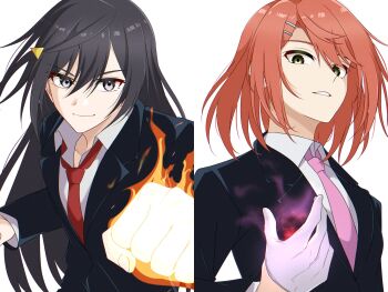 2girls amakuma black_hair black_jacket clenched_hand collarbone collared_shirt commentary fire gloves grey_eyes hair_between_eyes hair_ornament hairclip highres jacket long_hair long_sleeves looking_at_viewer love_live! love_live!_nijigasaki_high_school_idol_club magic medium_hair multiple_girls necktie parted_lips pink_necktie red_hair red_necktie shirt smile split_screen suit_jacket uehara_ayumu upper_body v-shaped_eyebrows white_background white_gloves white_shirt yellow_eyes yuki_setsuna