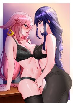 2girls absurdres animal_ears black_bra black_panties black_pantyhose black_skirt blush bra braid breasts cleavage clothes_lift clothes_pull clothing_aside commentary earrings eye_contact fingering fox_ears genshin_impact hector_ruiz highres jewelry large_breasts long_hair looking_at_another multiple_girls open_mouth panties panties_aside pantyhose pantyhose_pull parted_lips pencil_skirt pink_hair purple_eyes purple_hair raiden_shogun single_braid skirt skirt_lift smile underwear yae_miko yuri