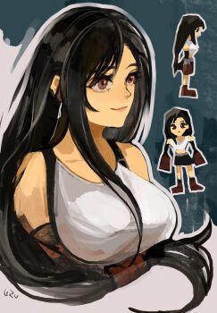 Rule 34 | 1girl, artist name, bare shoulders, black hair, black skirt, black sleeves, breasts, brown eyes, closed mouth, commentary request, crop top, cropped torso, detached sleeves, earrings, final fantasy, final fantasy vii, full body, highres, jewelry, large breasts, lips, long hair, low-tied long hair, low poly, miniskirt, multiple views, pink lips, single sidelock, skirt, smile, suspenders, tank top, tifa lockhart, upper body, uzutanco, white tank top