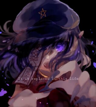 1girl black_background commentary_request english_text engrish_text fingernails grey_hat hat hat_ornament jiangshi looking_at_viewer miyako_yoshika newsboy_cap ofuda ofuda_over_one_eye one-hour_drawing_challenge open_mouth pointy_ears purple_eyes purple_hair purple_nails ranguage red_shirt sharp_fingernails shinjitsu_no_kuchi shirt short_hair sleeveless sleeveless_shirt solo star_(symbol) star_hat_ornament touhou upper_body