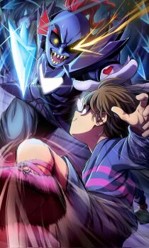 1girl 1other agurunavyblue androgynous armor ballet_boots battle blue_shorts blue_skin blue_sweater bridge colored_skin commentary_request crazy_eyes fighting_stance fish_girl frisk_(undertale) gloves high_kick highres holding holding_polearm holding_weapon kicking polearm red_eyes shorts smile striped_clothes sweater undertale undyne undyne_the_undying utdr_(toby_fox) weapon yellow_eyes