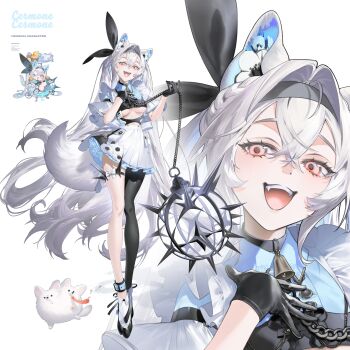 1girl ball_and_chain_(weapon) black_gloves breasts chibi gloves grey_hair long_hair original shokuen_(oxstl) single_pantyhose spiked_ball_and_chain tail thigh_strap underboob very_long_hair weapon white_hair