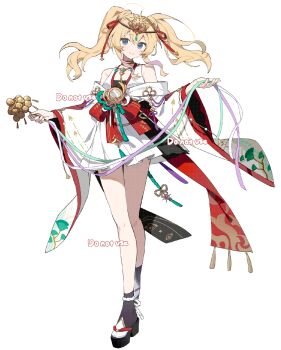 1girl ame_ame bare_shoulders black_sandals blonde_hair blue_eyes closed_mouth double-parted_bangs full_body hair_between_eyes hands_up highres japanese_clothes kimono long_hair long_sleeves looking_at_viewer okobo original platform_sandals sandals simple_background smile socks solo standing tabi twintails watermark white_background white_kimono white_socks wide_sleeves