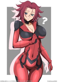 ? absurdres alternate_breast_size_(larger) artist_name blue_eyes bodysuit breasts choker cleavage closed_mouth code_geass collarbone color_connection cosplay curvy hair_color_connection highres izayoi_aki izayoi_aki_(cosplay) kouzuki_kallen large_breasts look-alike medium_hair parted_bangs railtracer8888 red_bodysuit red_hair simple_background thigh_gap thighs wide_hips yu-gi-oh! yu-gi-oh!_5d&#039;s