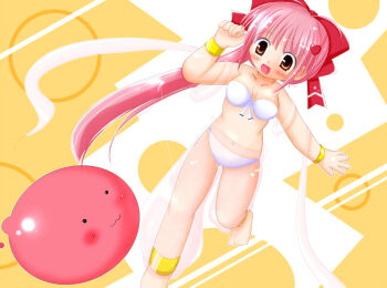 1girl 2000s_(style) bikini blush bow breasts commentary_request dancer_(ragnarok_online) full_body hair_bow hair_ornament heart heart_hair_ornament koba-p long_hair medium_breasts navel open_mouth orange_background orange_eyes pants pink_hair poring ragnarok_online red_bow see-through_clothes see-through_pants simple_background slime_(creature) smile solo swimsuit very_long_hair white_bikini