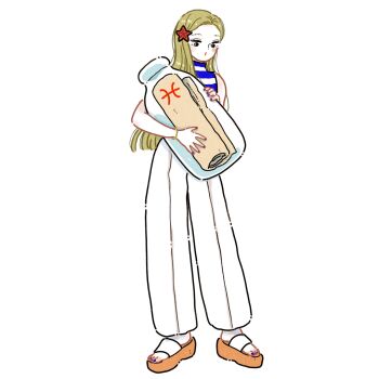 1girl black_eyes blonde_hair blue_nails blush bottle bracelet colored_skin commentary emamemamo33 full_body gold_bracelet highres holding holding_bottle jewelry long_hair message_in_a_bottle nail_polish original pants pisces_(symbol) platform_sandals sandals shirt sleeveless solo standing starfish striped_clothes striped_shirt toenail_polish toenails toes turtleneck white_pants white_skin wide-leg_pants