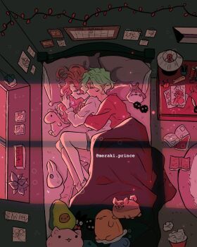 1boy 1girl anklet artist_self-insert avocado book calendar_(object) cat closed_eyes cove_holden crumpled_paper desk_lamp dinosaur drawing_(object) fairy_lights from_above green_hair head_on_pillow hetero highres hug hug_from_behind indoors jewelry lamp light_particles long_hair lying main_character_(our_life) meraooni needle on_bed on_side open_book our_life our_life:_beginnings_and_always pillow pincushion pink_hair pink_light plant potted_plant rabbit rug scissors sewing_needle shorts sleeping spool spooning stuffed_toy under_covers very_long_hair wavy_hair window_light windowsill