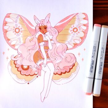 1girl art_tools_in_frame artist_name bra breasts butterfly_wings commentary curly_hair dark-skinned_female dark_skin elbow_gloves feather_hair_ornament feathers garter_belt garter_straps gloves hair_ornament inktober insect_wings long_hair marker_(medium) original panties photo_(medium) pink_bra pink_hair pink_lips pink_panties signature small_breasts solo strapless strapless_bra thighhighs traditional_media underwear very_long_hair vicki_tsai white_gloves wings