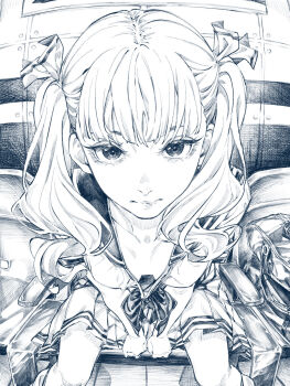 1girl breasts cleavage expressionless foreshortening greyscale highres jcjiro long_hair looking_at_viewer monochrome original school_uniform sitting skirt small_breasts solo staring traditional_media twintails