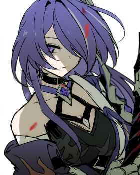 1girl acheron_(honkai:_star_rail) armor bandaged_arm bandages black_choker black_shirt choker commentary commentary_request criss-cross_halter crop_top english_commentary engrish_commentary hair_ornament halterneck holding holding_sword holding_weapon honkai:_star_rail honkai_(series) long_hair mixed-language_commentary multicolored_hair parted_lips partial_commentary purple_eyes purple_hair ra_suya shirt shoulder_armor simple_background single_bare_shoulder solo streaked_hair sword upper_body weapon white_background