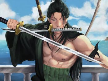 1boy aransmind artist_name bandana_around_arm black_hair blue_sky cloud cloudy_sky cosplay cowboy_shot earrings getou_suguru gold_earrings green_kimono hair_bun hair_half_over_shoulder haramaki highres holding holding_sword holding_weapon ibispaint_(medium) japanese_clothes jewelry jujutsu_kaisen katana kimono long_hair looking_at_viewer mouth_hold nipple_piercing ocean one_eye_closed one_piece piercing purple_eyes railing roronoa_zoro roronoa_zoro_(cosplay) scar scar_across_eye scar_on_chest scar_on_face scar_on_stomach single_earring single_hair_bun sky sword sword_in_mouth sword_on_back teeth_hold triple_wielding weapon weapon_in_mouth weapon_on_back