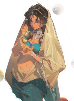 1girl absurdres animal bindi black_hair blue_pants blue_shirt bracelet breasts cleavage cowboy_shot cropped_shirt dark-skinned_female dark_skin facial_mark forehead_mark hair_ornament highres holding holding_animal holding_pendulum jewelry kaalaa_baunaa long_hair looking_at_animal navel pants pendulum purple_eyes reverse:1999 shaonanqu shirt solo stomach tiger undersized_animal veil white_background yellow_veil