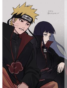 1boy 1girl akatsuki_uniform alternate_costume black_coat black_hair black_nails blonde_hair coat facial_mark forehead_protector highres hyuuga_hinata konohagakure_symbol long_hair long_sleeves looking_at_another naruto_(series) naruto_shippuuden notane_n open_mouth red_eyes short_hair spiked_hair twitter_username uzumaki_naruto whisker_markings zipper_pull_tab
