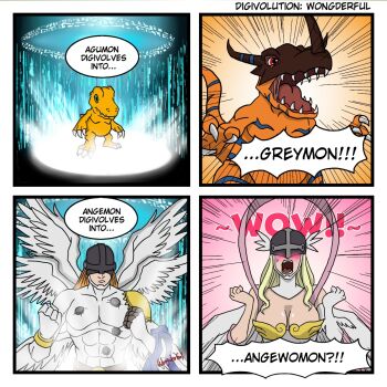 abs agumon angel angemon angewomon artist_request blush digimon dinosaur embarrassed evolution genderswap genderswap_(mtf) greymon highres parody transformation wings