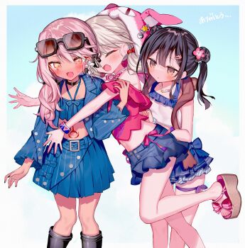 Rule 34 | 3girls, absurdres, bandeau, bare shoulders, belt, black hair, blue background, blue belt, blue skirt, breasts, brown eyes, brown hair, chloe von einzbern, chloe von einzbern (swimsuit avenger) (first ascension), commentary request, dark-skinned female, dark skin, double bun, expressionless, eyewear on head, fate/grand order, fate/kaleid liner prisma illya, fate (series), glomp, hair bun, highres, hug, illyasviel von einzbern, illyasviel von einzbern (swimsuit archer), illyasviel von einzbern (swimsuit archer) (first ascension), long hair, low twintails, midriff, miyu edelfelt, multiple girls, navel, open mouth, pink hair, pleated skirt, sandals, simple background, skirt, small breasts, stomach tattoo, sunglasses, sweatdrop, tattoo, tomo (ryo i so ), translation request, twintails, yellow eyes