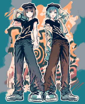 Rule 34 | 2girls, :d, bang dream!, bang dream! girls band party!, black shirt, blue eyes, blue hair, blue pants, brown hair, brown pants, closed mouth, commentary, full body, highres, hikawa hina, holding boombox, jacket, looking at viewer, multiple girls, open clothes, open jacket, open mouth, orange background, pants, shirt, shoes, short hair, short sleeves, single off shoulder, smile, sneakers, v-shaped eyebrows, white jacket, white shoes, yamato maya, yukitake (bullfalk)