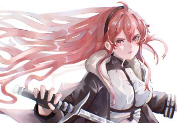 1girl ahoge black_hairband eris_greyrat floating_hair fur-trimmed_jacket fur_trim hairband holding holding_sword holding_weapon jacket mushoku_tensei red_eyes red_hair solo sword villustx weapon white_background
