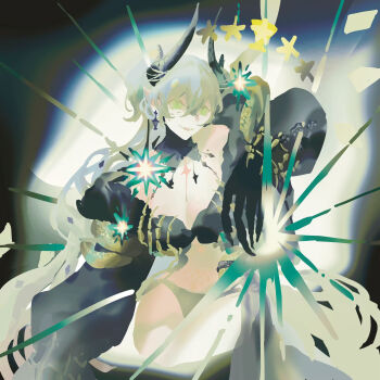 1girl black_panties breasts commentary_request crinolin demon_girl demon_horns demon_wings fate/grand_order fate_(series) green_eyes grey_hair grey_wings hair_on_horn highres horns large_breasts lilith_(fate) lilith_(third_ascension)_(fate) long_hair panties provercrinolin sitting skeletal_hand snake solo underwear wings