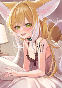 Rule 34 | 1girl, :d, alternate costume, animal ear fluff, animal ears, arknights, bare shoulders, bed, black collar, black nightgown, blonde hair, blush, breasts, collar, collarbone, colored tips, dot nose, fox ears, fox girl, fox tail, green eyes, hair intakes, heart, heart in eye, highres, holding, holding pillow, indoors, infection monitor (arknights), kitsune, kyuubi, looking at viewer, lying, material growth, multicolored hair, multiple tails, nightgown, on bed, on stomach, open mouth, oripathy lesion (arknights), pillow, see-through clothes, see-through nightgown, small breasts, smile, solo, suzuran (arknights), symbol in eye, tail, under covers, white hair, yakurope-moko