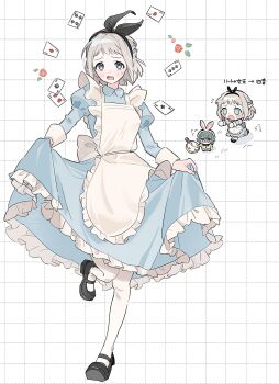2girls :o alice&#039;s_adventures_in_wonderland alice_(alice_in_wonderland) alice_(alice_in_wonderland)_(cosplay) alternate_costume apron black_hairband black_shoes blue_dress blue_eyes blue_ribbon blush braid card chibi chibi_inset commentary cosplay dotted_line dress flower frilled_apron frills gakuen_idolmaster grey_hair grid_background hair_ribbon hairband half_up_braid highres idolmaster juliet_sleeves katsuragi_lilja long_sleeves mary_janes mimiss_33 multiple_girls pantyhose petticoat playing_card puffy_sleeves ribbon ribbon_braid rose running shoes short_hair sweatdrop tsukimura_temari white_apron white_pantyhose white_rabbit_(alice_in_wonderland) white_rabbit_(alice_in_wonderland)_(cosplay)