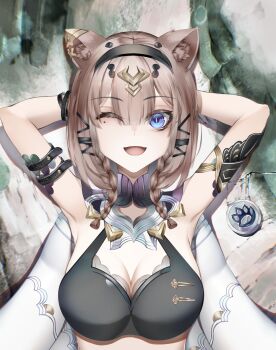1girl ;o absurdres animal_ears arm_belt armpits arms_behind_head bikini black_bikini black_hairband blue_eyes breasts brown_hair cat_ears cat_girl chinese_commentary cleavage coin commentary_request hairband highres honkai_(series) honkai_impact_3rd kailu_(kyshiro) large_breasts looking_at_viewer one_eye_closed pardofelis pardofelis_(reverist_calico) short_hair_with_long_locks smile solo swimsuit upper_body