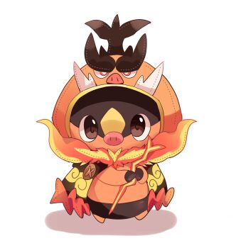 brown_eyes cosplay emboar gen_5_pokemon highres holding holding_staff hood hood_up looking_at_viewer mega_emboar mega_emboar_(cosplay) nintendo no_humans pokemon pokemon_(creature) pokemon_focus pokemon_legends:_z-a simple_background staff tepig white_background yupo_0322
