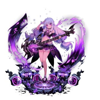 Rule 34 | 1girl, absurdres, ahoge, amplifier, artist request, bare legs, bare shoulders, black collar, blush, bow, closed mouth, collar, cropped shirt, electric guitar, flat chest, flower, full body, guitar, heart, high-low skirt, highres, holding, holding guitar, holding instrument, instrument, last origin, long hair, looking at viewer, magic circle, mary janes, miniskirt, multiple wristbands, navel, non-web source, official art, on magic circle, purple bow, purple eyes, purple flower, purple light, purple rose, purple shirt, purple shoes, purple skirt, rose, sailor collar, salute, shirt, shoes, sidelocks, skirt, socks, solo, soulworker, standing, standing on one leg, star (symbol), stella unibell, tachi-e, transparent background, v-shaped eyebrows, white hair, white sailor collar, white socks