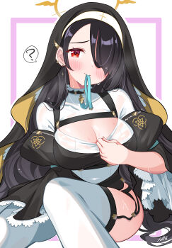 1girl ? biting biting_clothes black_dress black_hair black_veil blue_archive blush breasts cleavage cleavage_cutout clothing_cutout coif commentary_request cross dress ear_piercing hair_over_one_eye halo highres hinata_(blue_archive) large_breasts long_hair looking_at_viewer nun piercing puffy_sleeves red_eyes sitting solo taichi_(taichi_bookcafe) thighhighs thighs trinity_general_school_logo veil very_long_hair white_thighhighs wide_sleeves yellow_halo