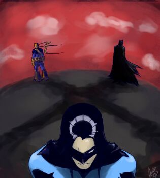 3boys batman batman_(series) black_hair bruce_wayne cape dc_comics deathstroke dick_grayson domino_mask eye_mask father_and_son long_hair lowres male_focus mask multiple_boys nightwing standing