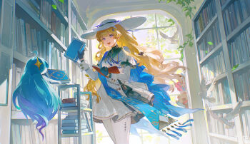 1girl absurdres bird black_gloves blonde_hair blue_sash book book_stack bookshelf breasts closed_mouth diggy_duggy_(wuthering_waves) gloves hair_ornament hat highres holding holding_book indoors library long_hair long_sleeves lottie_turner medium_breasts nimbus_wraith_(wuthering_waves) official_art pantyhose phoebe_(wuthering_waves) purple_eyes sash shirt shu_bing skirt smile solo tacet_discord_(wuthering_waves) tacet_mark_(wuthering_waves) very_long_hair white_bird white_hat white_pantyhose white_shirt white_skirt wuthering_waves x_hair_ornament