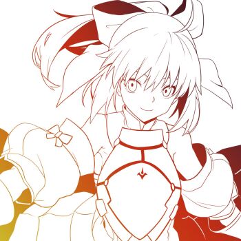 1girl armor artoria_pendragon_(fate) ayu_(ddestiny944) bare_shoulders closed_mouth fate/grand_order fate_(series) high_ponytail highres lineart ponytail saber_lily simple_background smile solo upper_body white_background