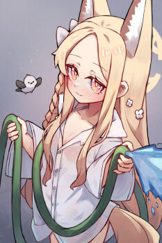 1girl alternate_costume animal_ear_fluff animal_ears bikini bikini_under_clothes bird blonde_hair blue_archive blush bow braid buttons closed_mouth collarbone collared_shirt commentary cosplay cross_halo dot_nose english_commentary extra_ears flat_chest flower forehead fox_ears fox_girl fox_tail gradient_background hair_bow hair_flower hair_ornament halo hanako_(blue_archive) hanako_(blue_archive)_(cosplay) hanako_(swimsuit)_(blue_archive) hands_up highres holding holding_hose hose loli long_braid long_hair long_sidelocks long_sleeves miya_(miyaruta) see-through_clothes seia_(blue_archive) shirt sidelocks simple_background single_braid smile solo split_mouth standing swimsuit tail thighs tit_(bird) water water_drop white_bow white_shirt wide_sleeves yellow_eyes yellow_halo