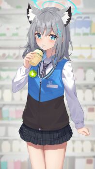 Rule 34 | 1girl, animal ear fluff, animal ears, bitseon, black skirt, black sweater vest, blue archive, blue eyes, blue halo, blue sweater vest, blurry, blurry background, blush, bright pupils, collared shirt, cross, cross hair ornament, drink, drinking straw, drinking straw in mouth, grey hair, hair ornament, halo, highres, holding, holding drink, inverted cross, looking at viewer, miniskirt, mismatched pupils, plaid clothes, plaid skirt, pleated skirt, shiroko (blue archive), shirt, short hair, skirt, solo, standing, sweater vest, two-tone sweater vest, white pupils, white shirt, wolf ears, wolf girl