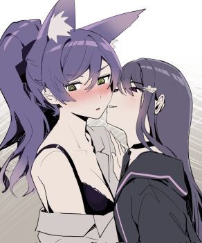 2girls @_@ animal_ear_fluff animal_ears black_bra black_choker black_hoodie blush bra breasts choker fox_ears fox_girl green_eyes grey_shirt hair_between_eyes hair_ornament hairclip height_difference highres hood hoodie illian-san imminent_kiss ksp_(vtuber) large_breasts long_hair long_sleeves looking_at_another meridian_project multiple_girls nose_blush off_shoulder open_clothes open_shirt parted_lips ponytail purple_hair seductive_smile seki_(vtuber) shirt single_bare_shoulder smile underwear virtual_youtuber yuri